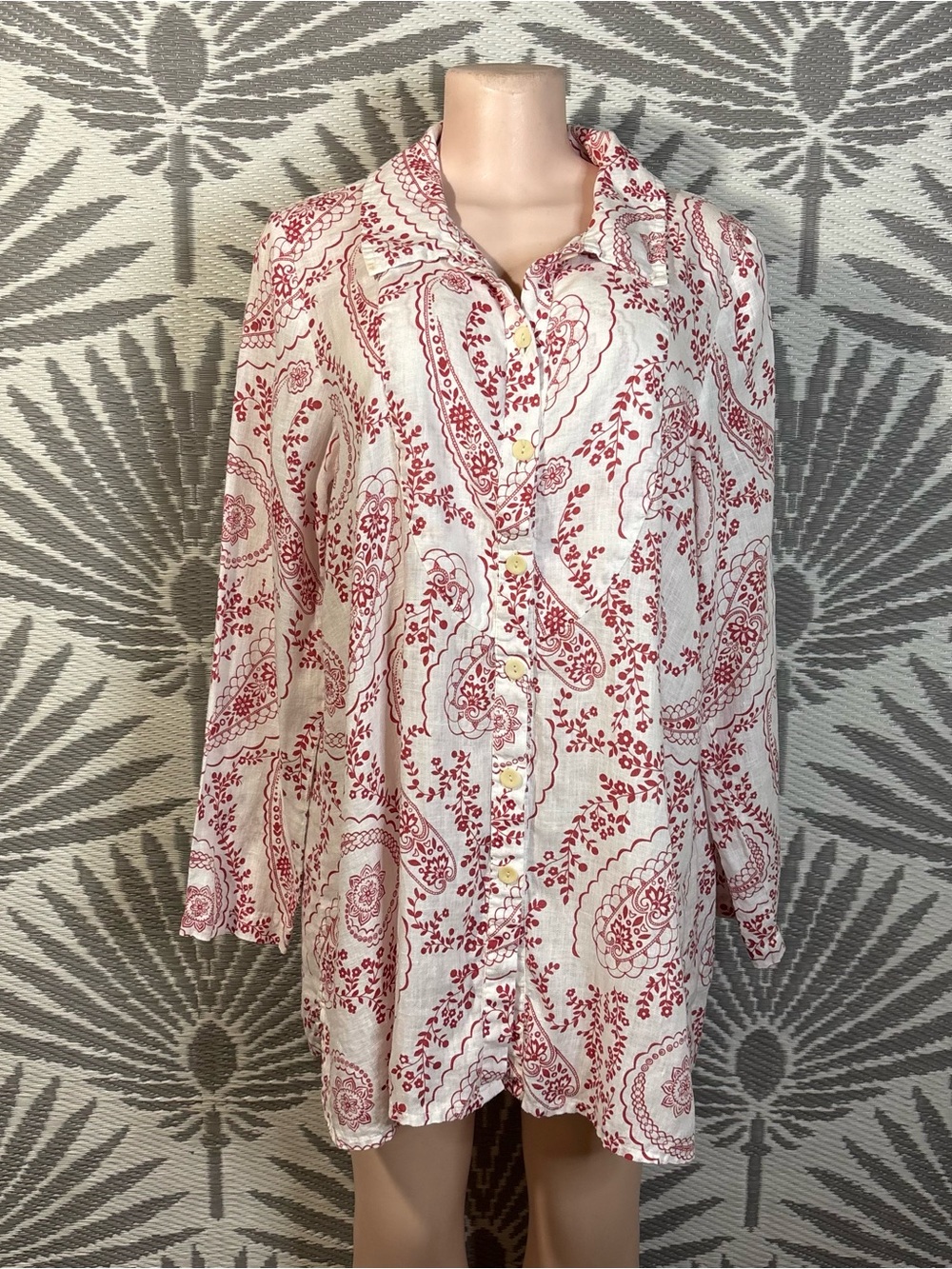 FLAX Linen Paisley Tunic Blouse Button Up Shirt Red White Womens Size S Beach